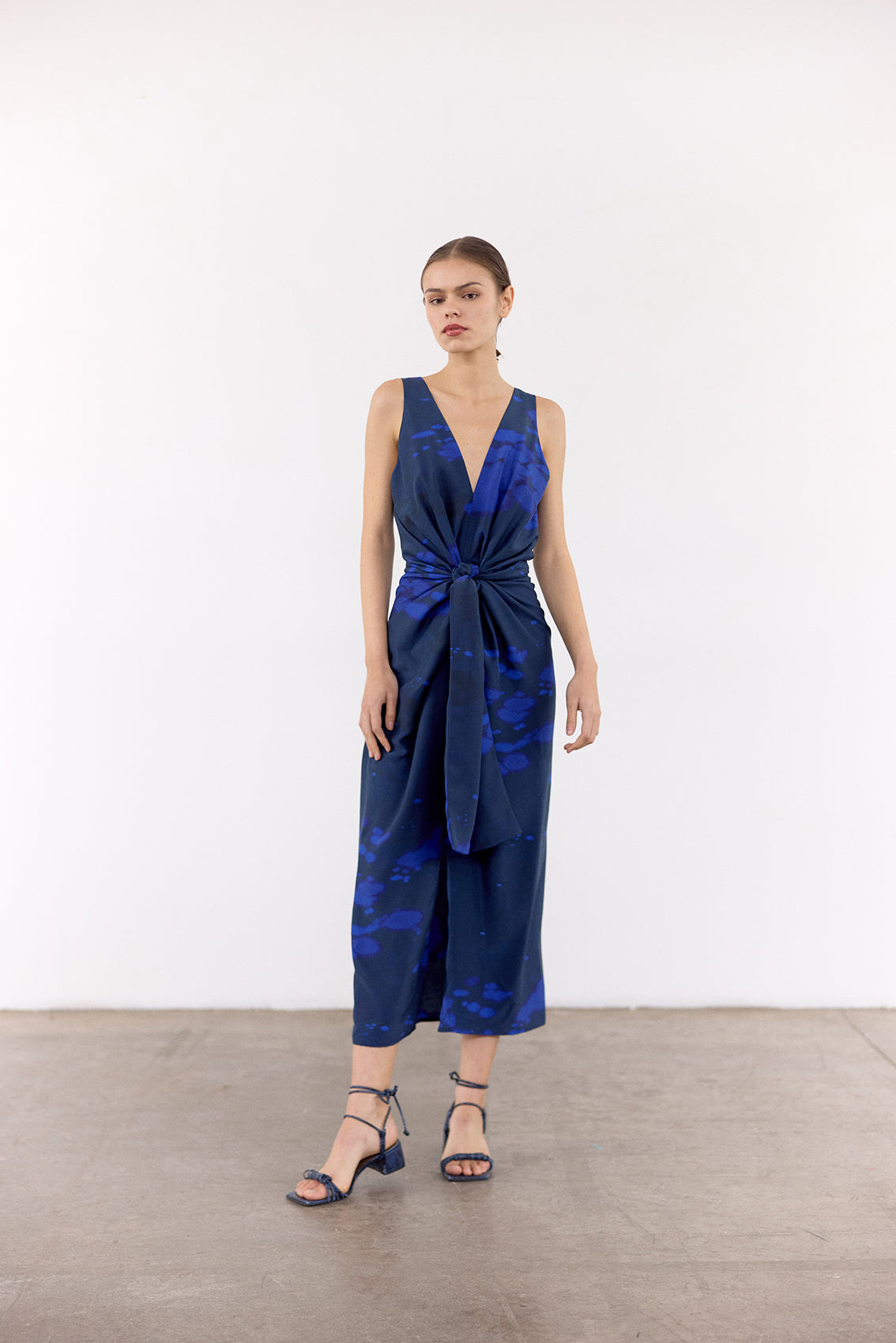 Vestido Anudado Print Clorado Seda - Cobalto