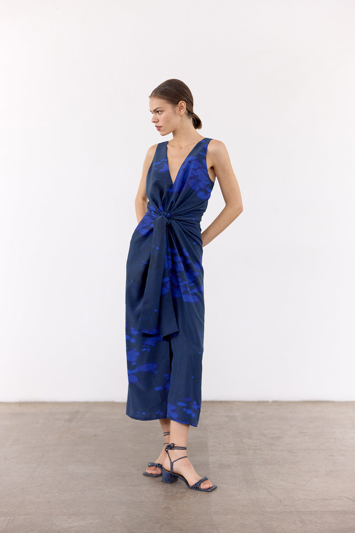 Vestido Anudado Print Clorado Seda - Cobalto