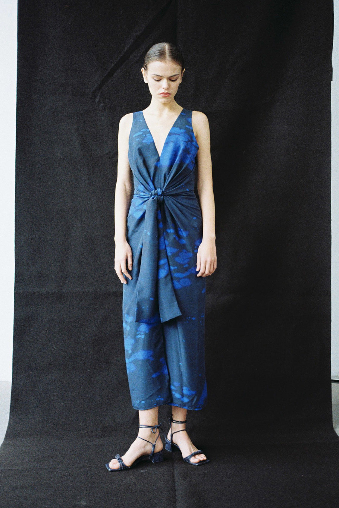 Vestido Anudado Print Clorado Seda - Cobalto