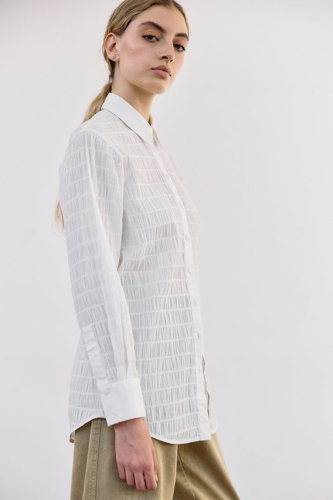 Smocked Cotton Button-Down Shirt - Sal