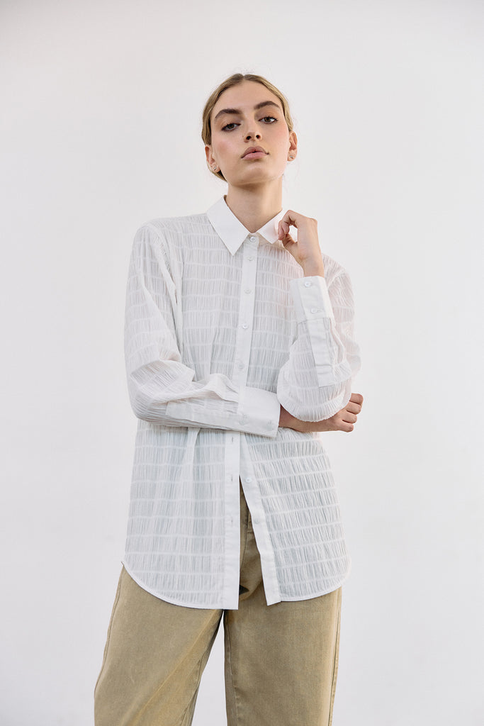 Smocked Cotton Button-Down Shirt - Sal