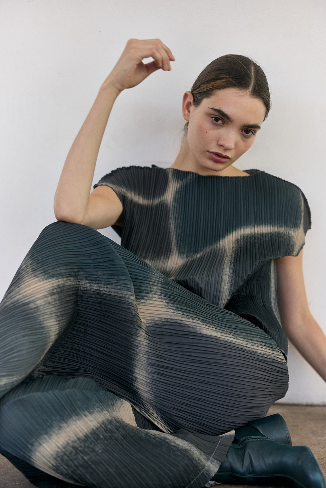 Pleated Printed Top - Slate