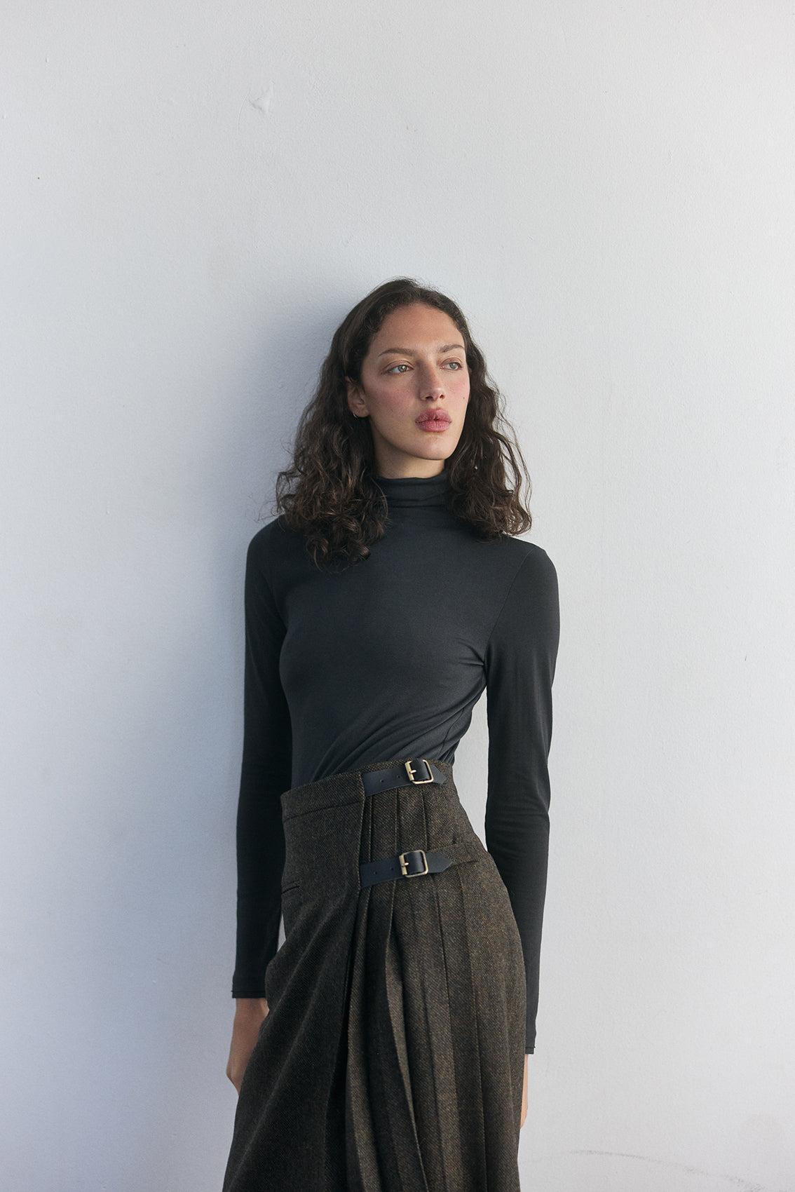 Kilted Wool Long Skirt - Pepper