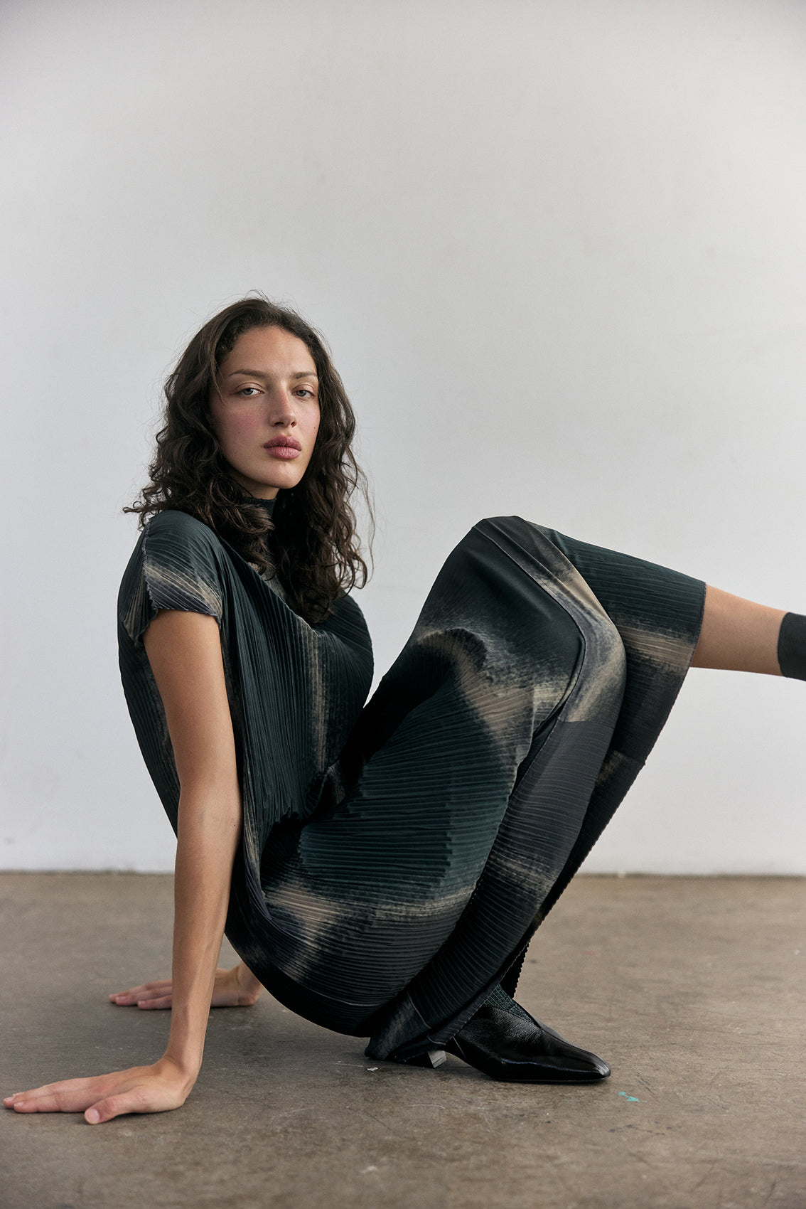 Pleated Print Dress - Slate