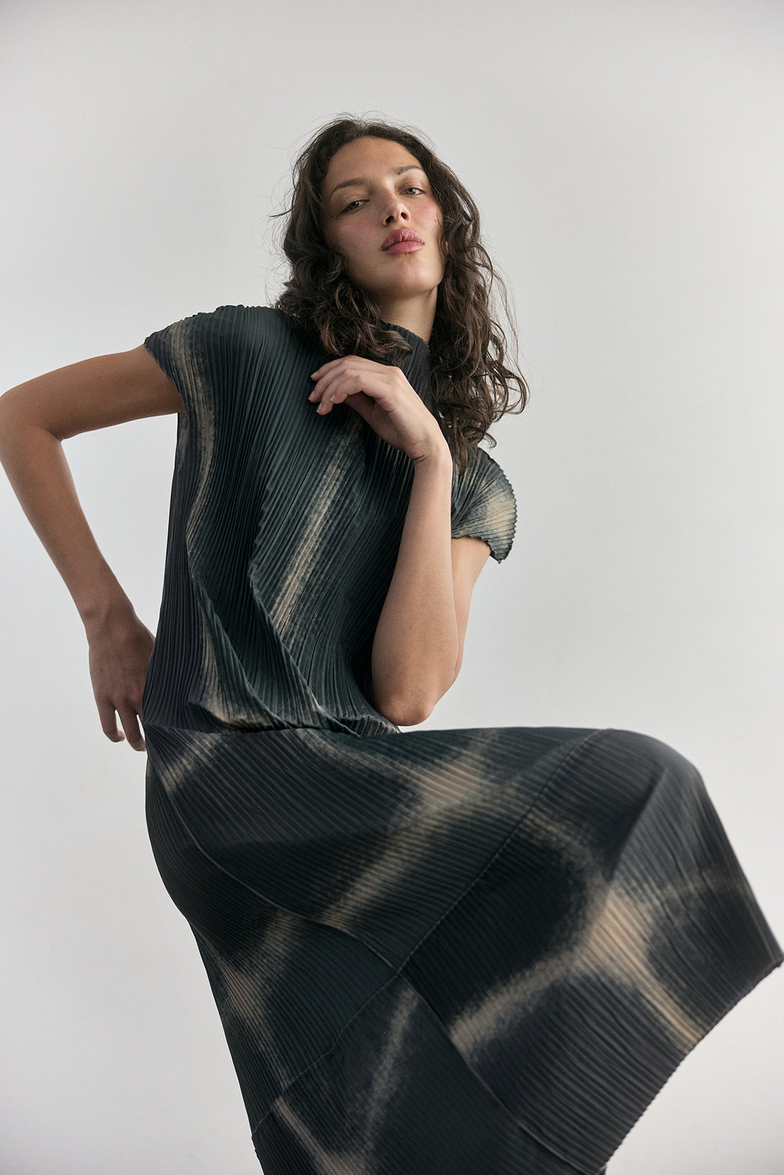 Pleated Print Dress - Slate