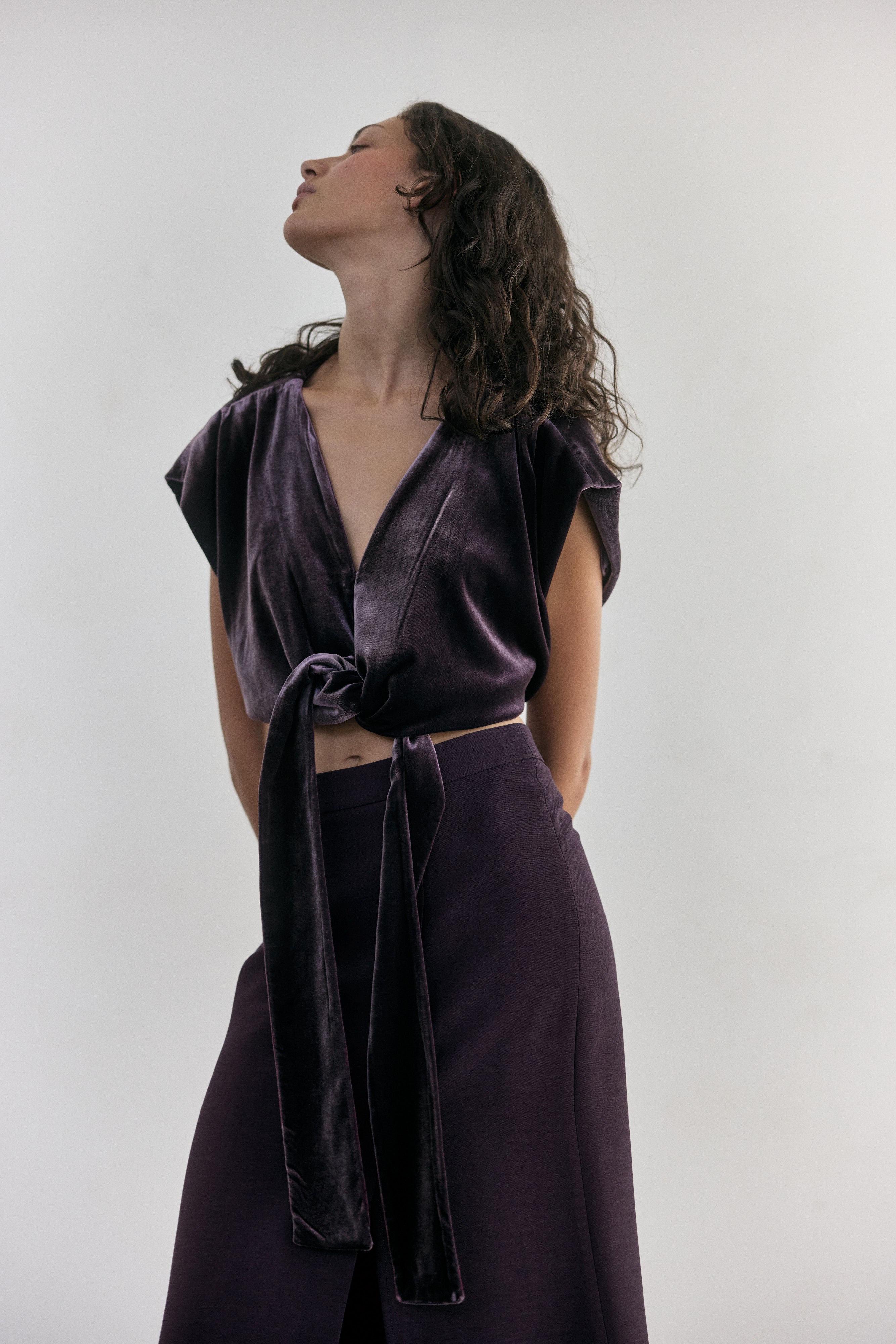 Silk Velvet Tie-Waist Top - Aubergine