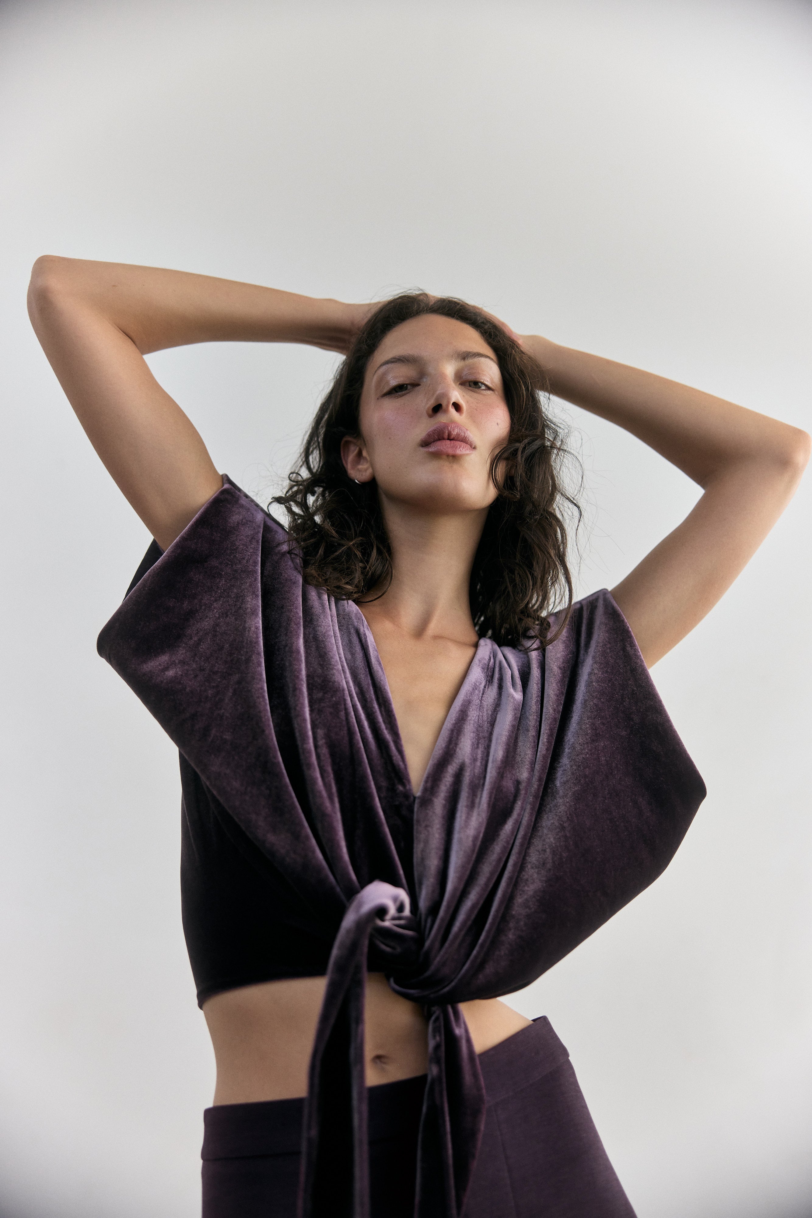 Silk Velvet Tie-Waist Top - Aubergine
