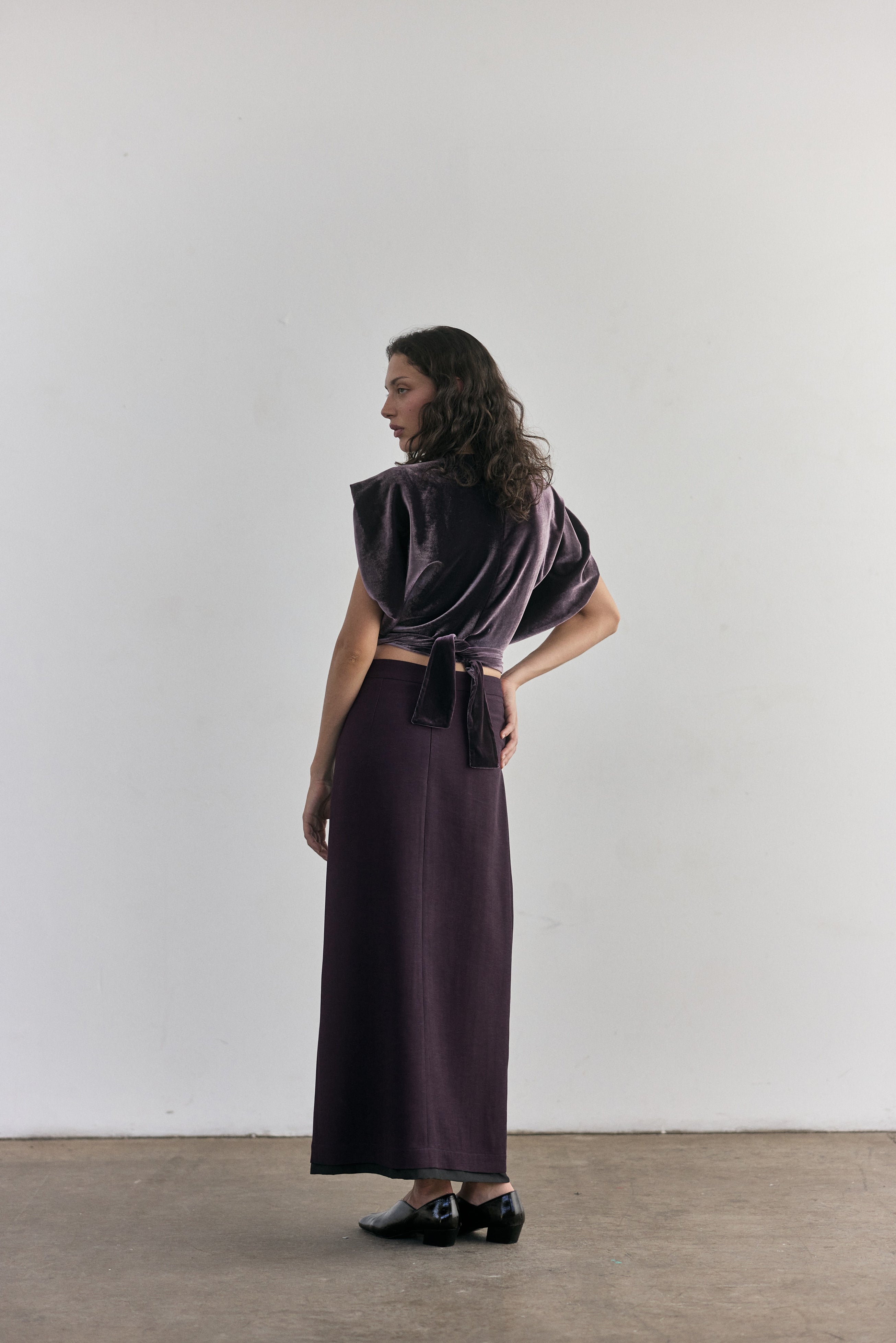 Silk Velvet Tie-Waist Top - Aubergine