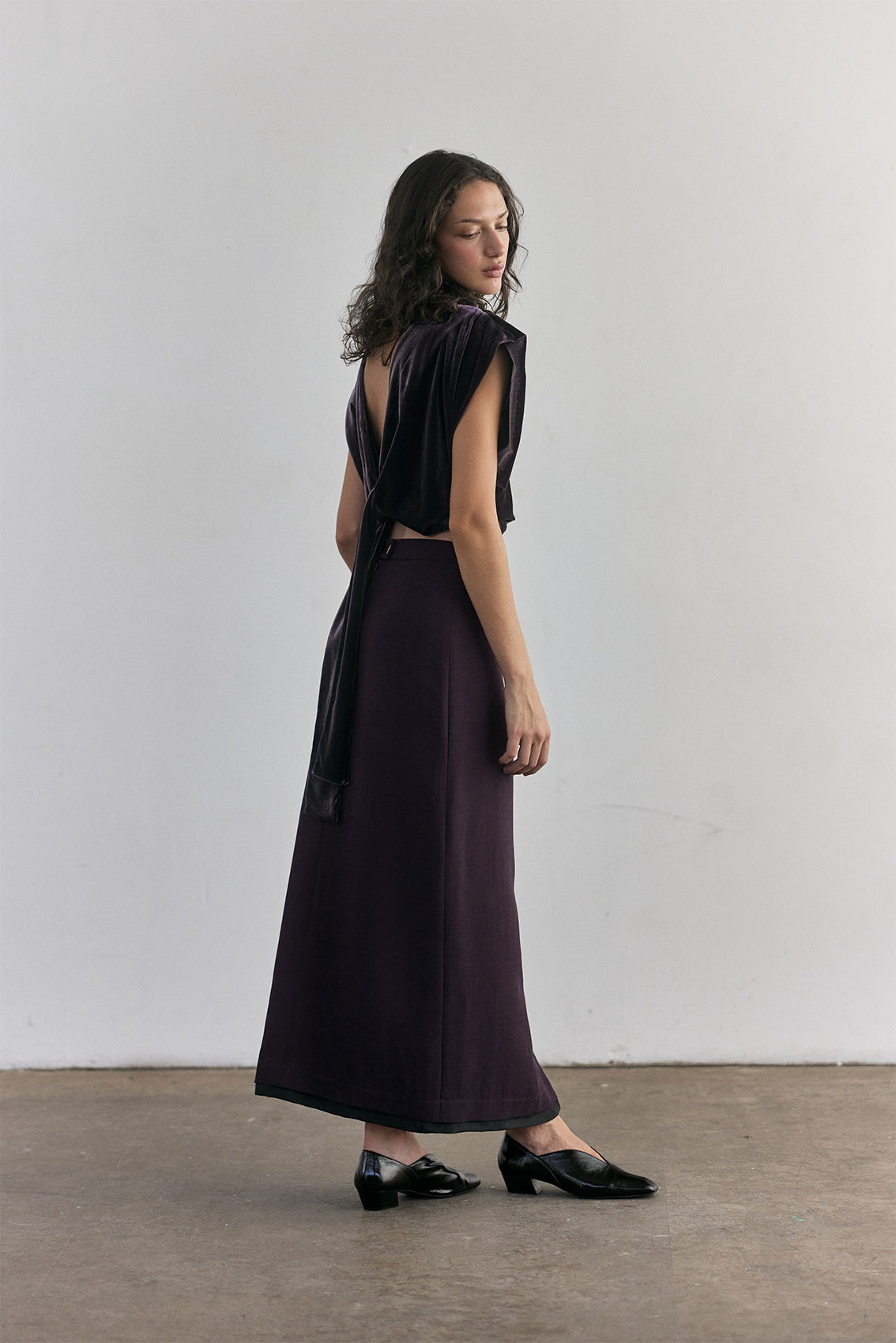Silk Velvet Tie-Waist Top - Aubergine