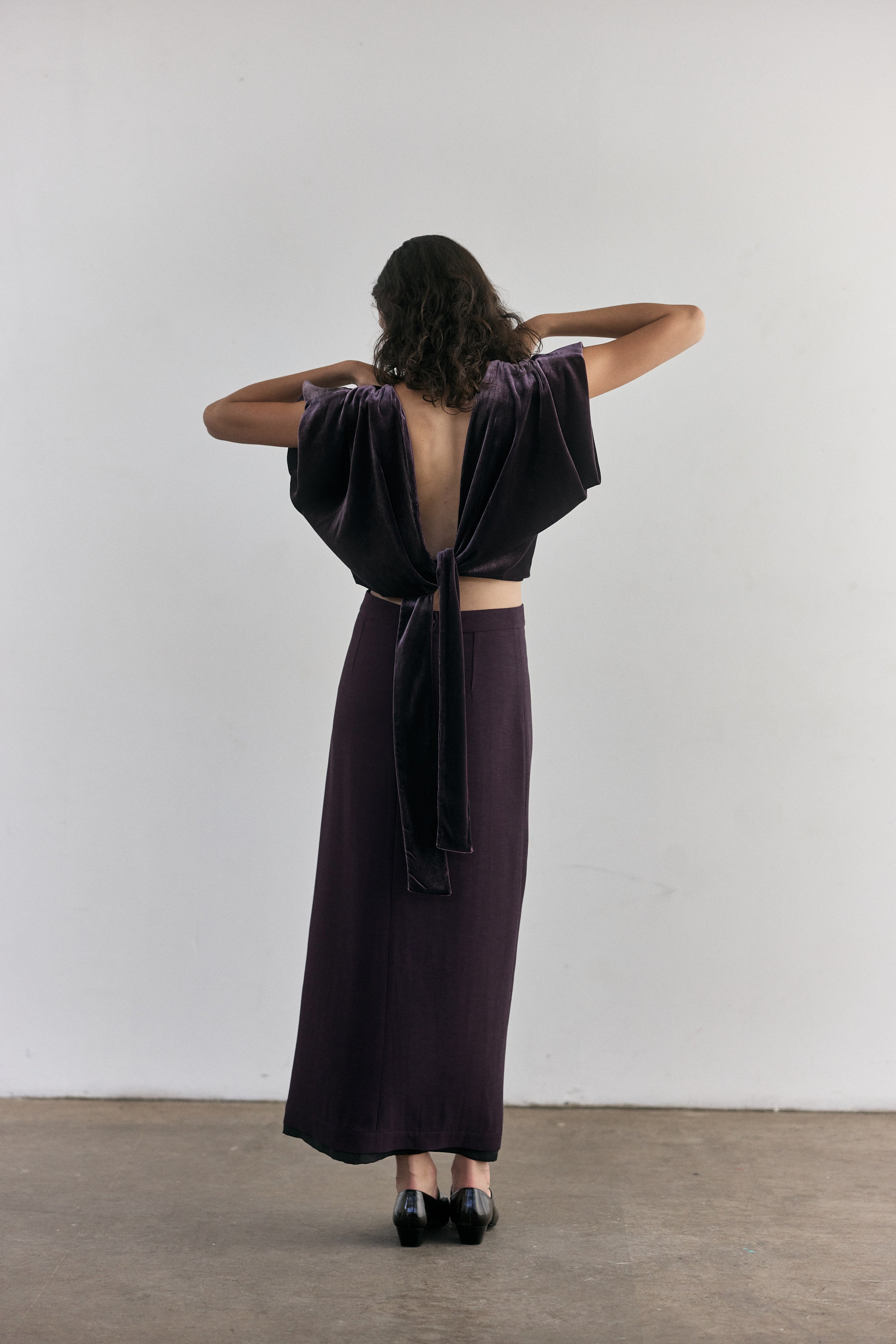 Silk Velvet Tie-Waist Top - Aubergine