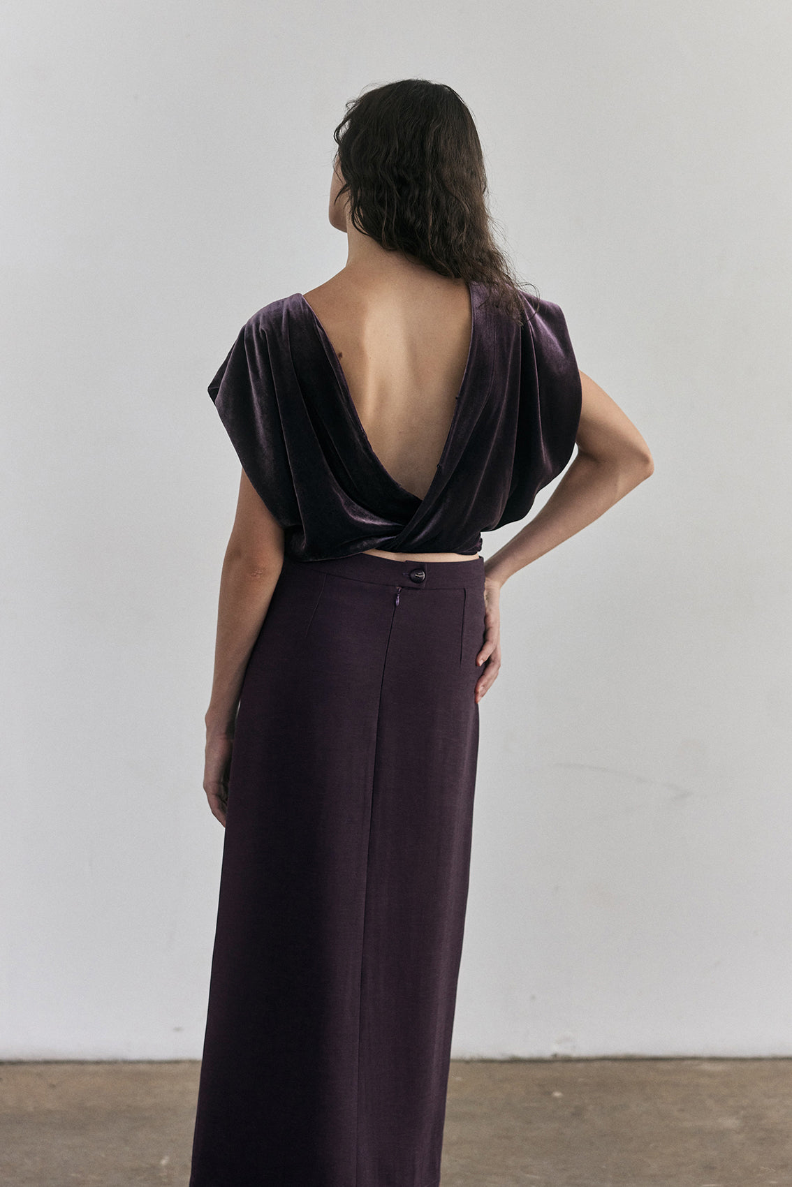 Silk Velvet Tie-Waist Top - Aubergine