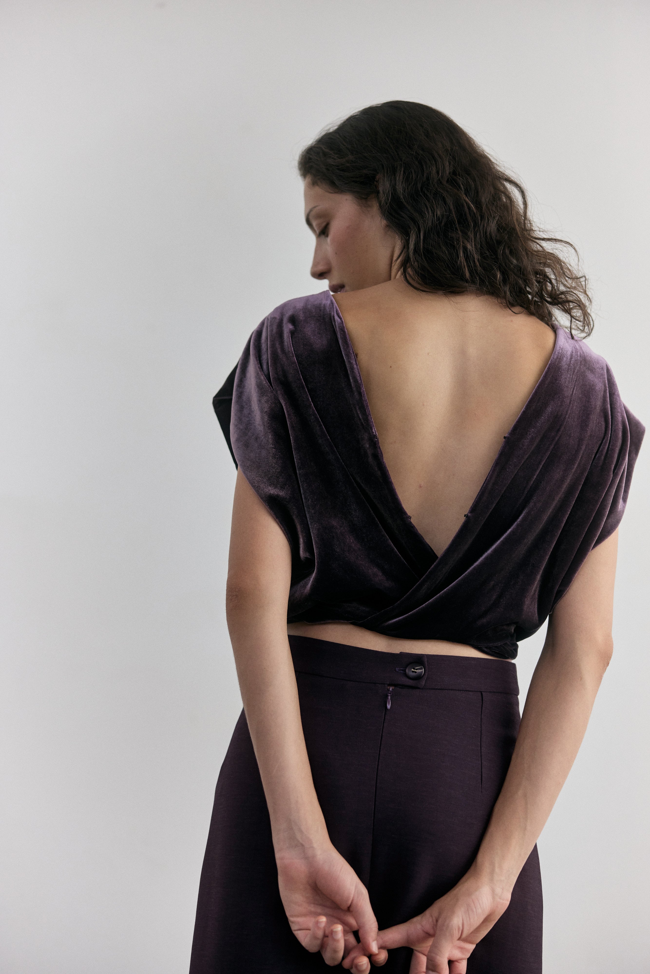 Silk Velvet Tie-Waist Top - Aubergine
