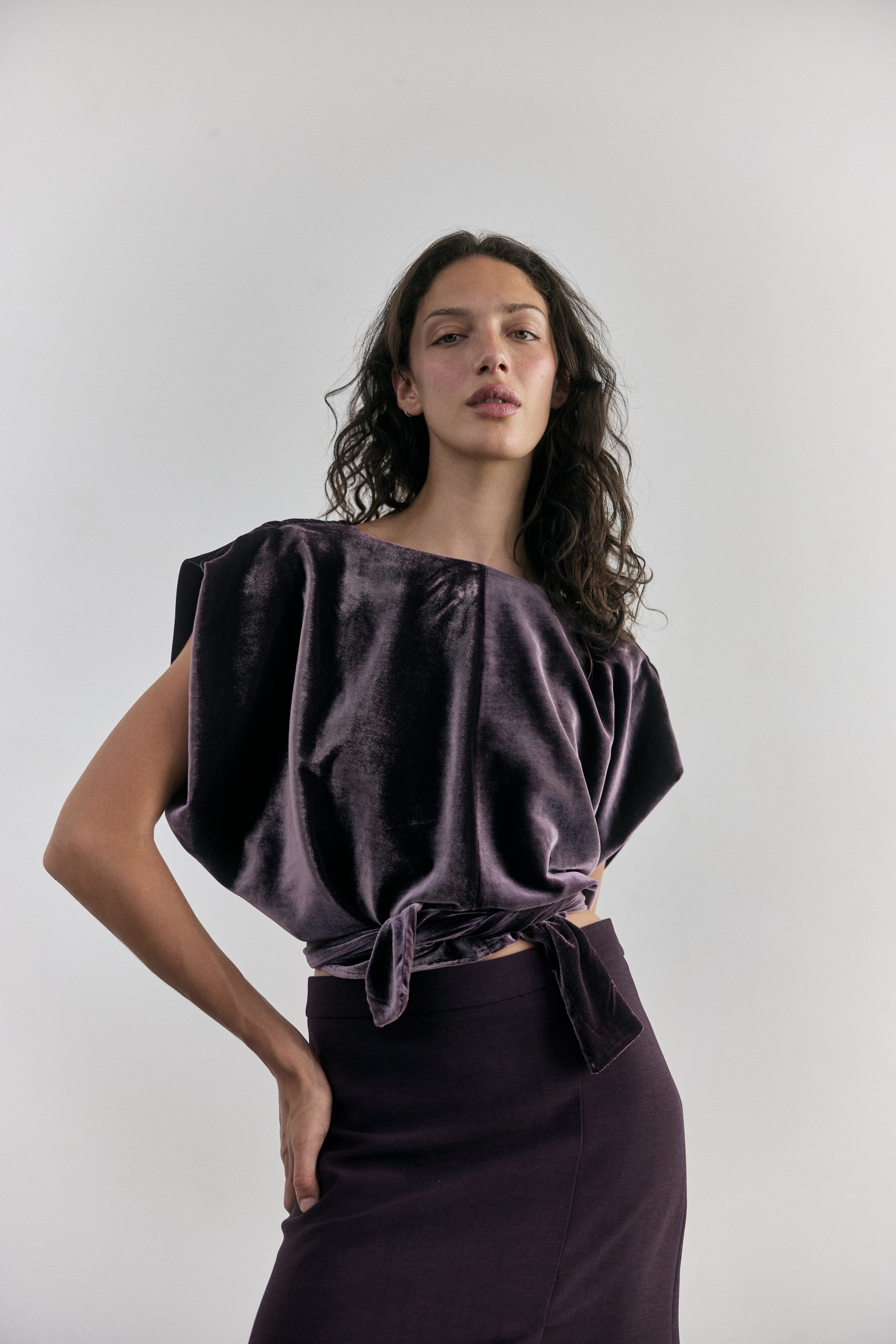 Silk Velvet Tie-Waist Top - Aubergine