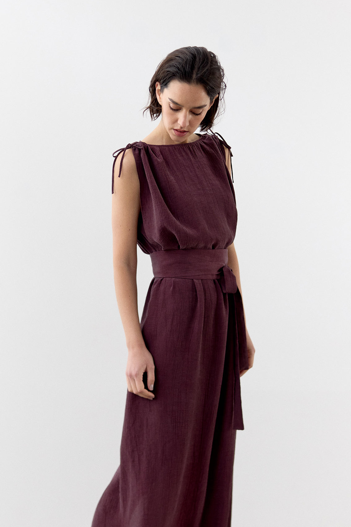 Vestido Ablusonado Lyocell Corrugado - Vino