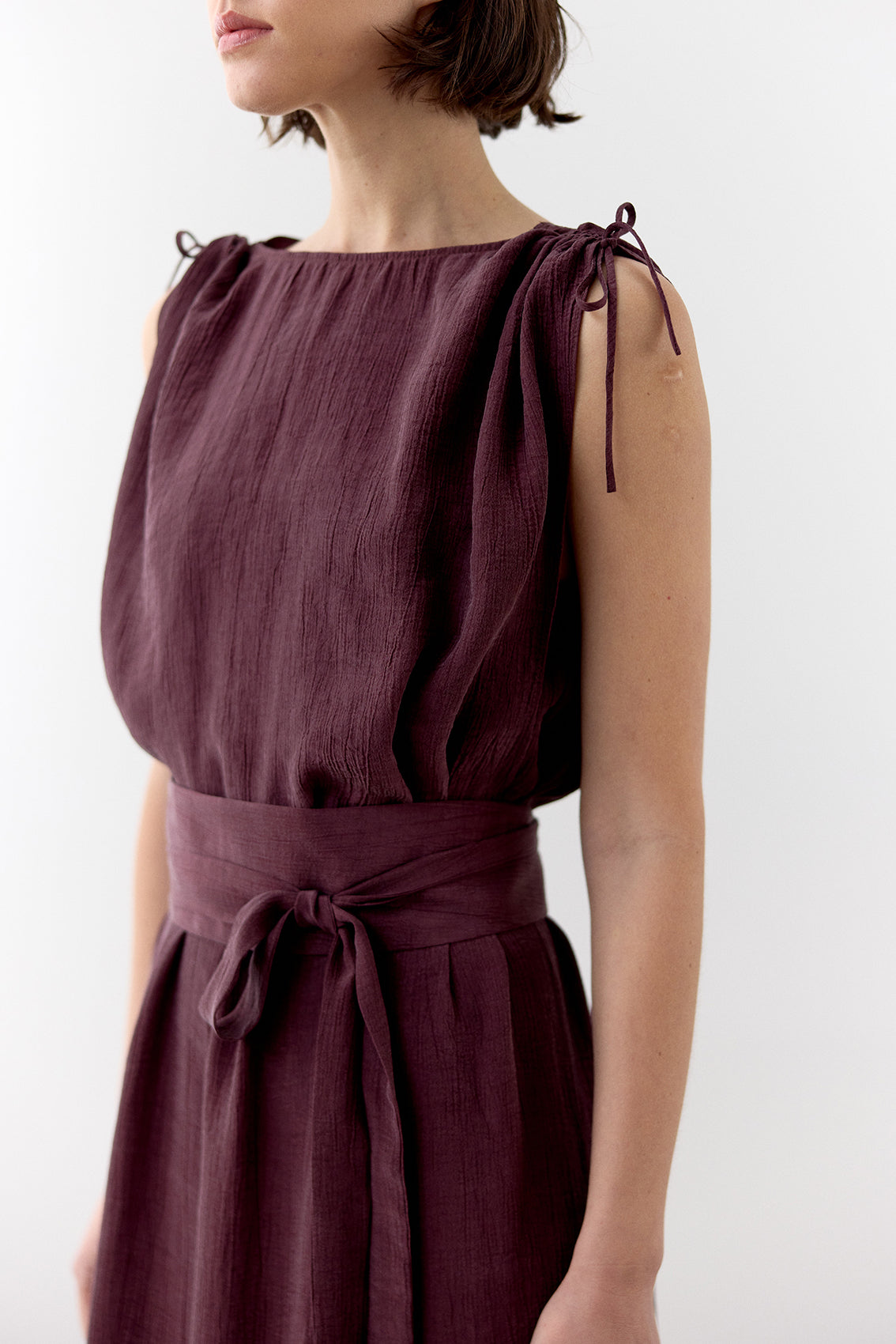 Vestido Ablusonado Lyocell Corrugado - Vino