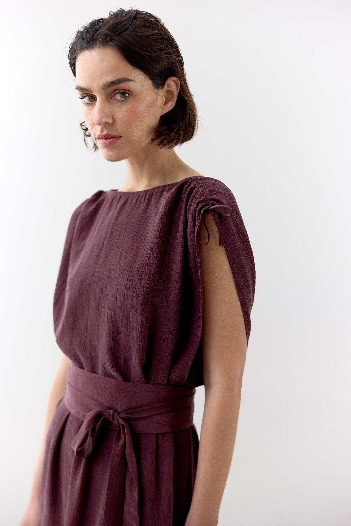 Vestido Ablusonado Lyocell Corrugado - Vino