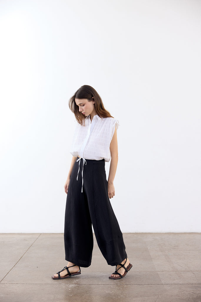 Wide-Leg Streaked Silk-Linen Pant - Ónix