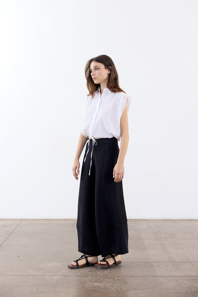 Wide-Leg Streaked Silk-Linen Pant - Ónix