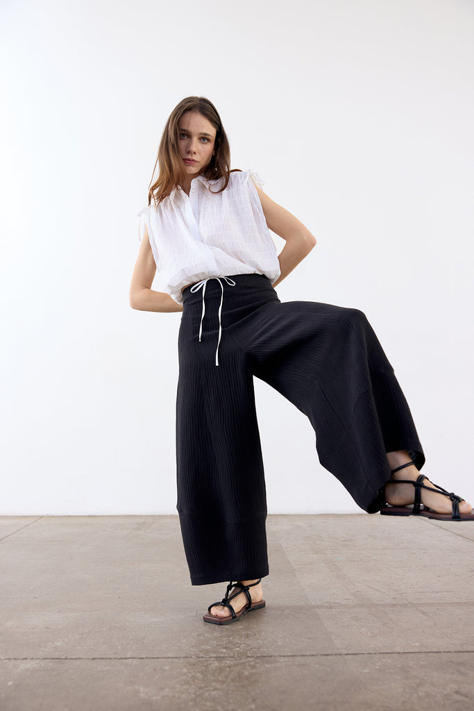 Wide-Leg Streaked Silk-Linen Pant - Ónix