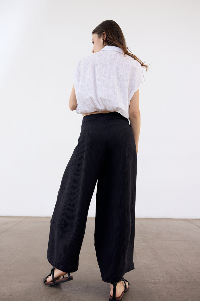 Wide-Leg Streaked Silk-Linen Pant - Ónix