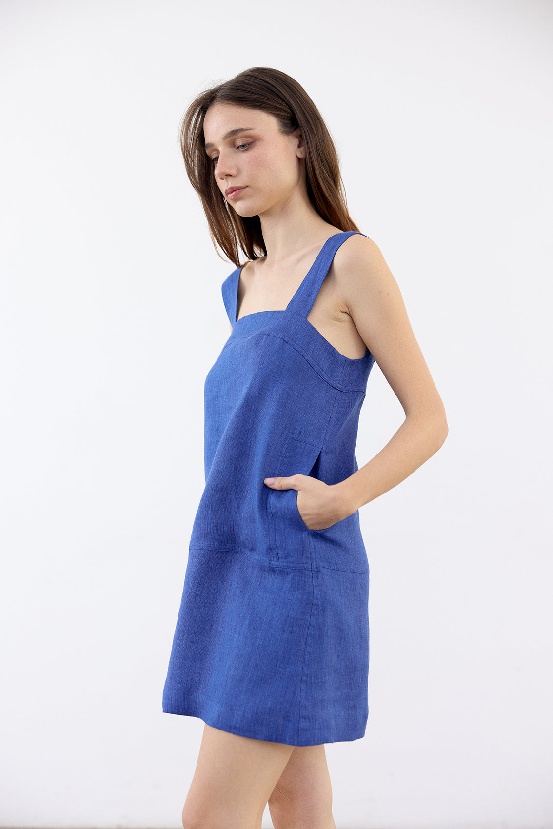 Paneled Short Linen Dress - Cobalto