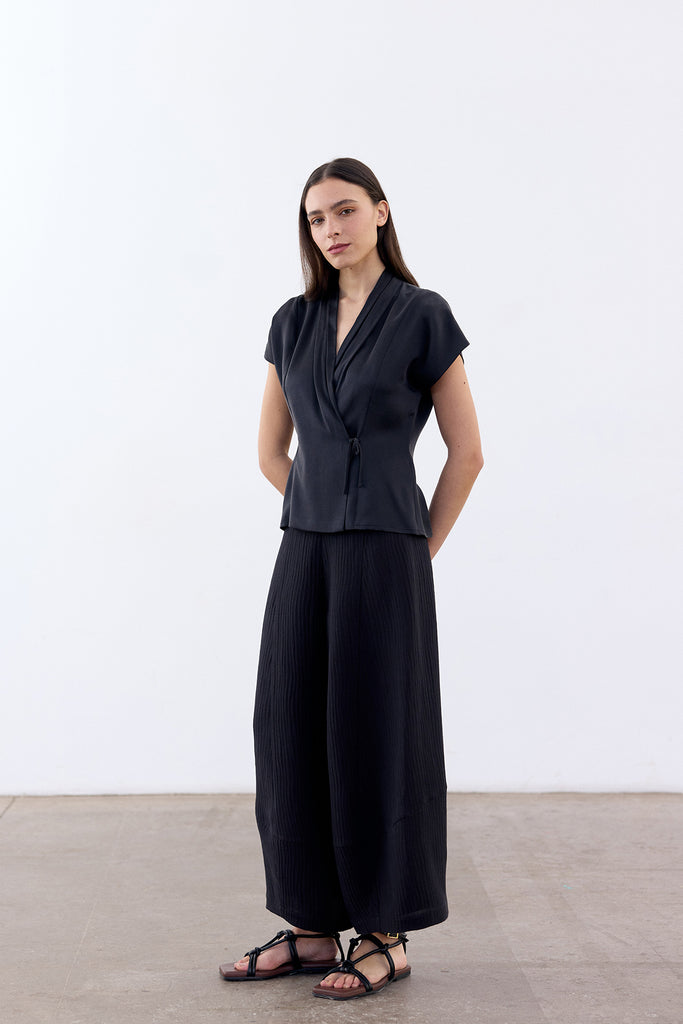 Wide-Leg Streaked Silk-Linen Pant - Ónix