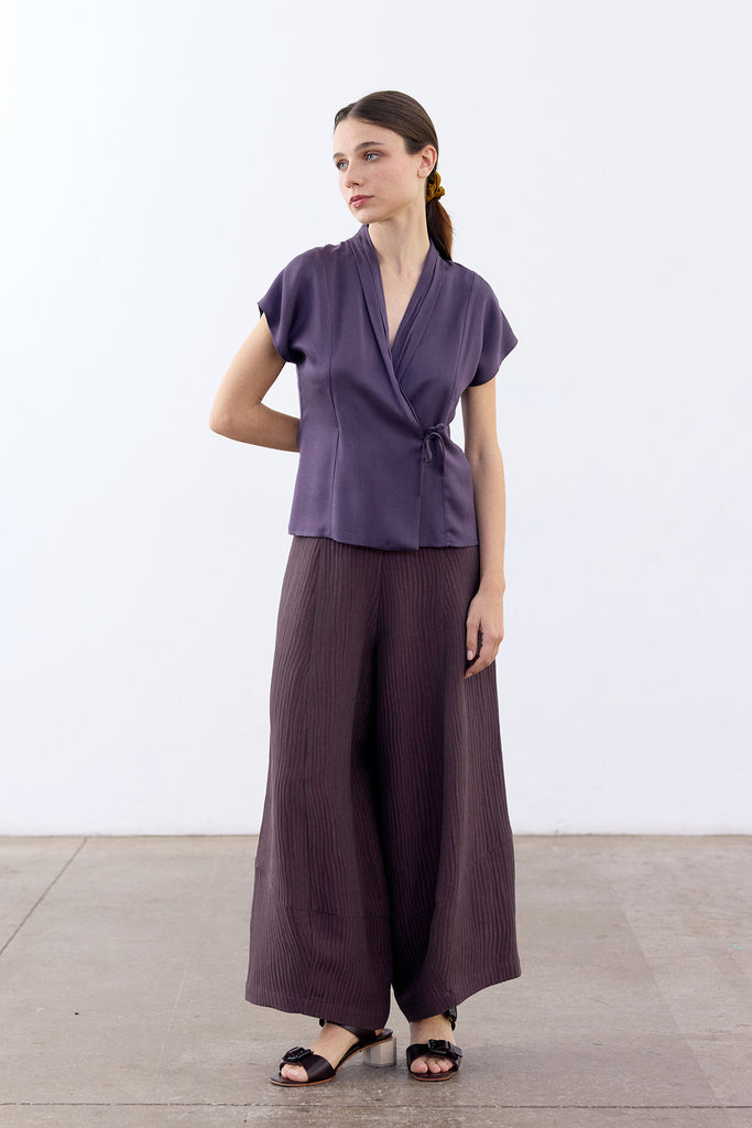 Draped Cross-Over Silk Top - Berenjena