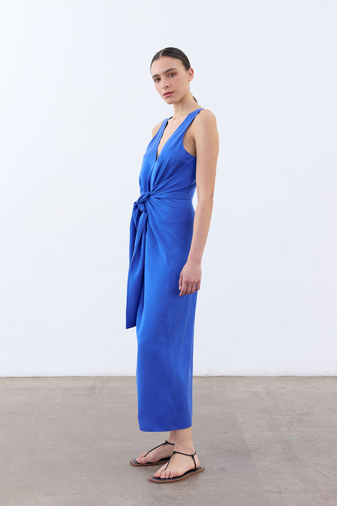 V-Neck Tie Silk Dress - Cobalto