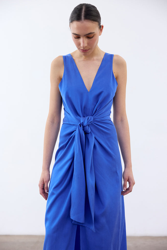 V-Neck Tie Silk Dress - Cobalto