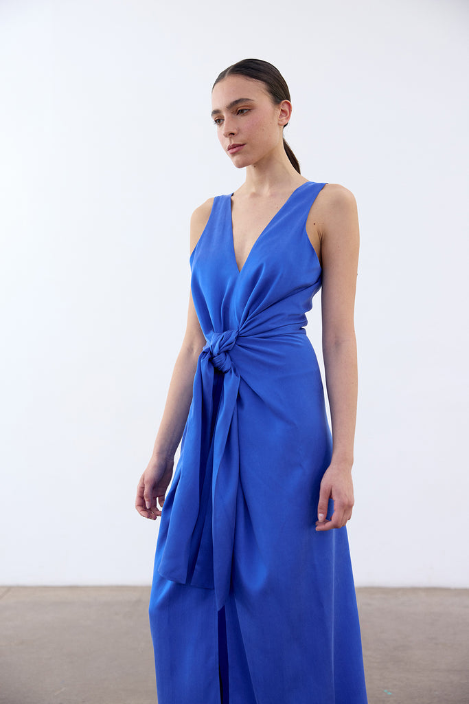 V-Neck Tie Silk Dress - Cobalto