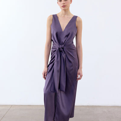 V-Neck Tie Silk Dress - Berenjena