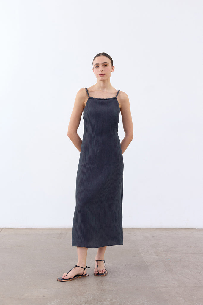 Backless Streaked Silk-Linen Dress - Lago