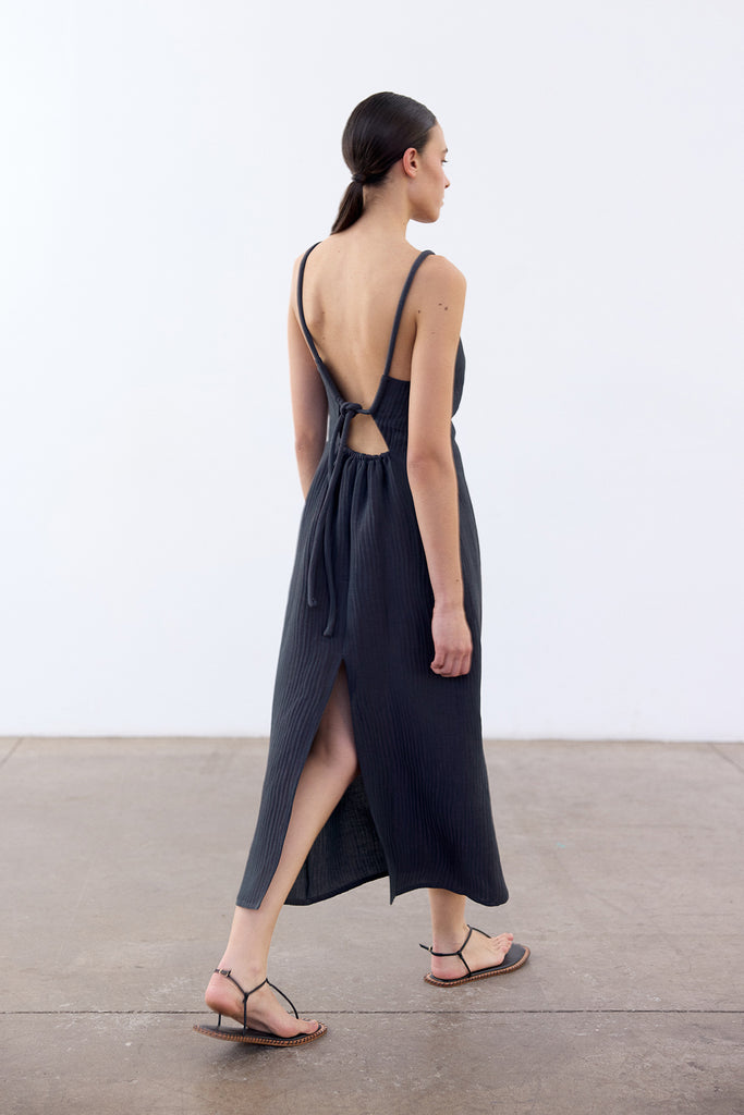 Backless Streaked Silk-Linen Dress - Lago