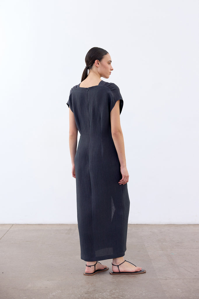 V-Neck Streaked Silk-Linen Long Dress - Lago