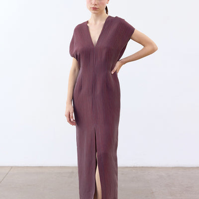 V-Neck Streaked Silk-Linen Long Dress - Berenjena