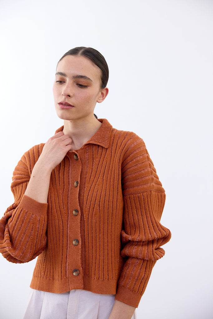 Collared Ribbed Cotton Cardigan - Zapallo