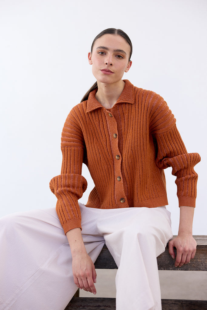 Collared Ribbed Cotton Cardigan - Zapallo