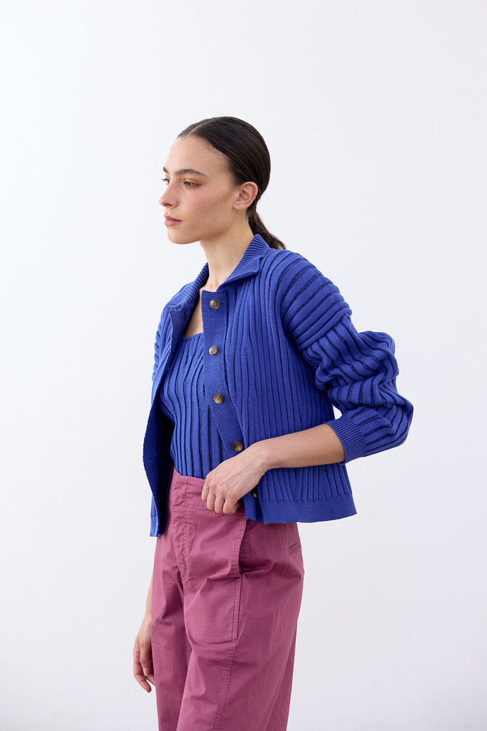 Collared Ribbed Cotton Cardigan - Cobalto