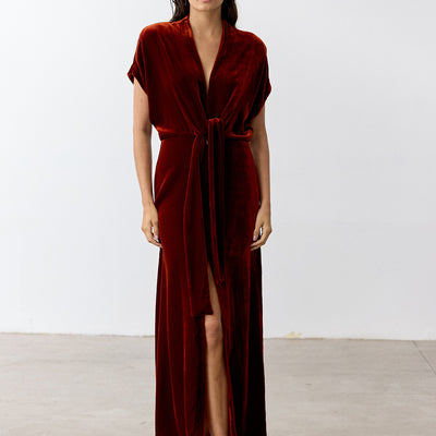 Silk Velvet Tie-Waist Long Dress - Paprika