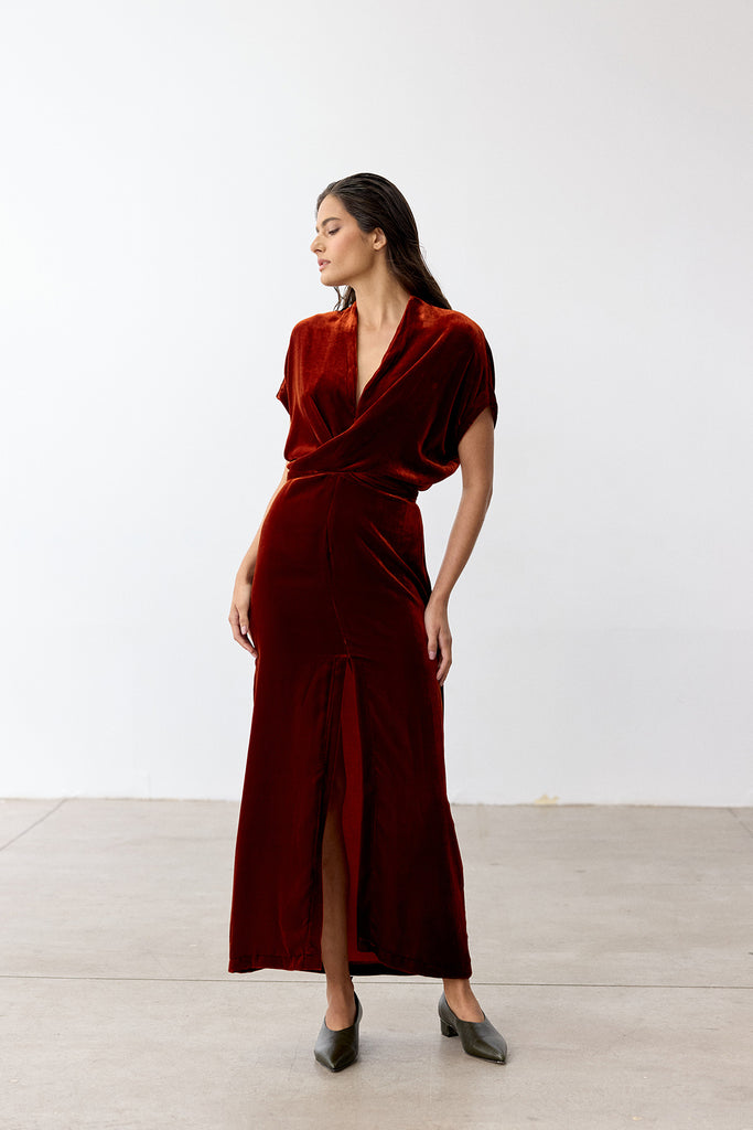 Silk Velvet Tie-Waist Long Dress - Paprika