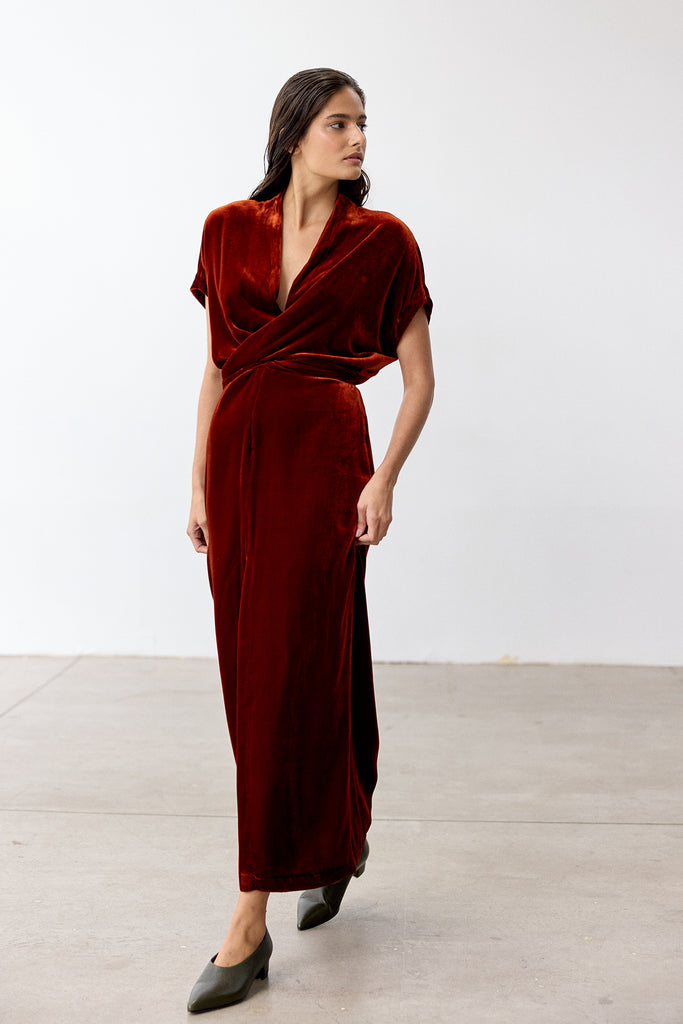 Silk Velvet Tie-Waist Long Dress - Paprika