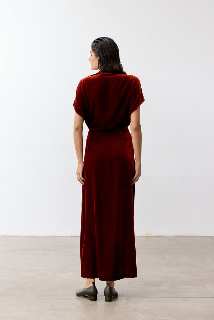 Silk Velvet Tie-Waist Long Dress - Paprika