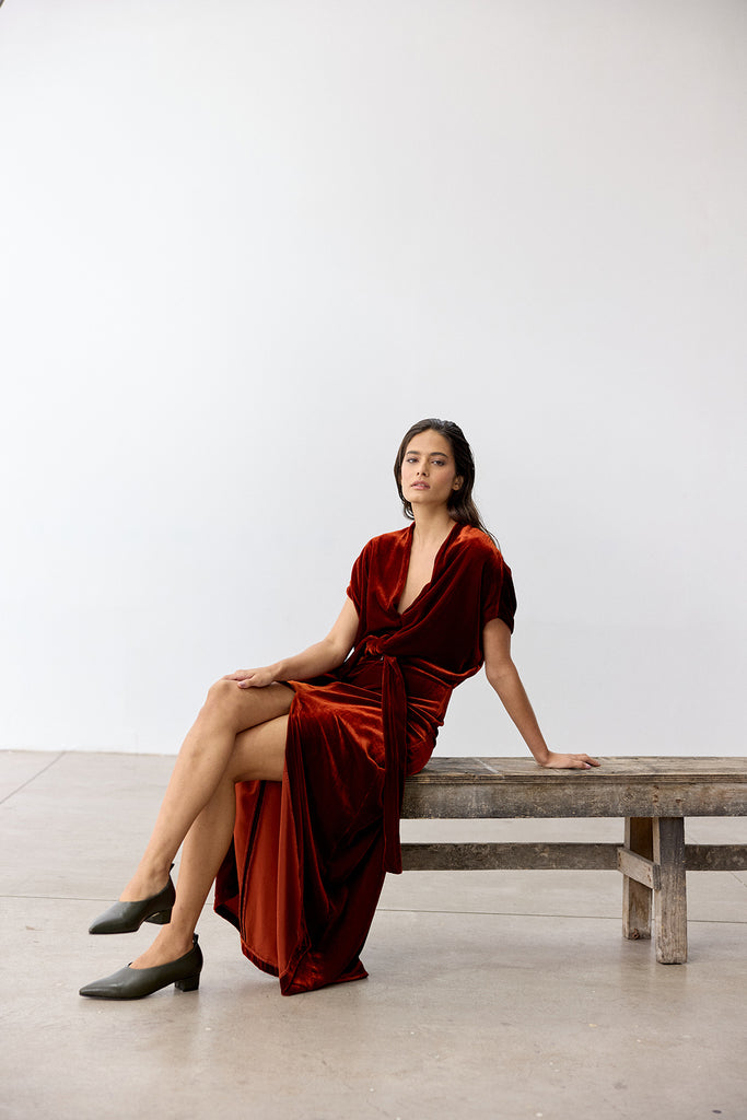 Silk Velvet Tie-Waist Long Dress - Paprika