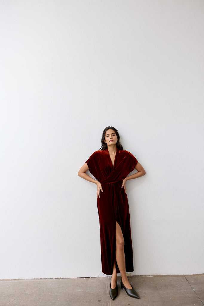 Silk Velvet Tie-Waist Long Dress - Paprika