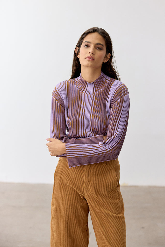 Mock Neck Contrast Knitted Top Pima Cotton - Lavanda