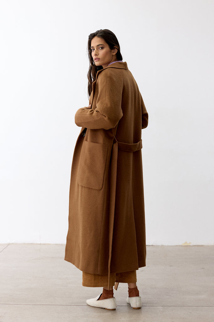 Notch Collar Long Baby Alpaca Coat - Camel