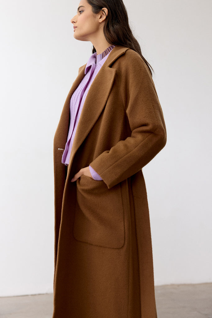 Notch Collar Long Baby Alpaca Coat - Camel