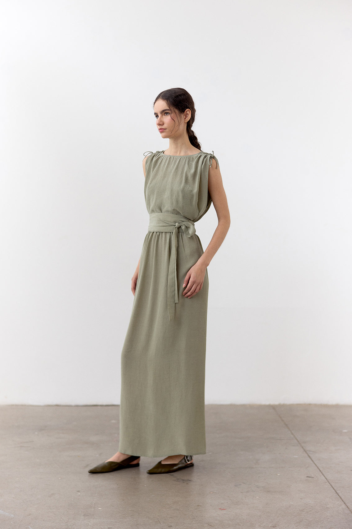 Vestido Ablusonado Lyocell Corrugado - Musgo