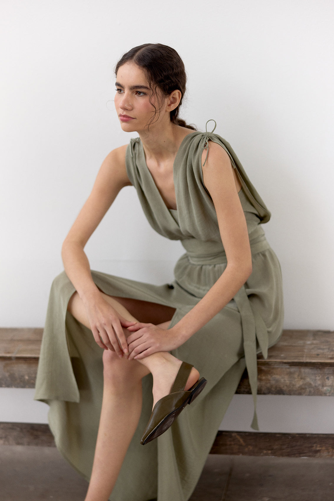 Vestido Ablusonado Lyocell Corrugado - Musgo