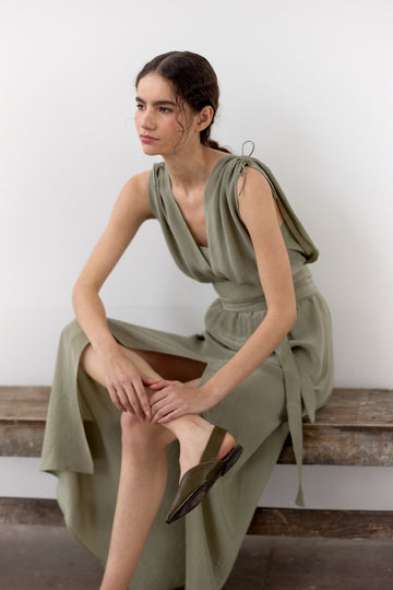 Vestido Ablusonado Lyocell Corrugado - Musgo